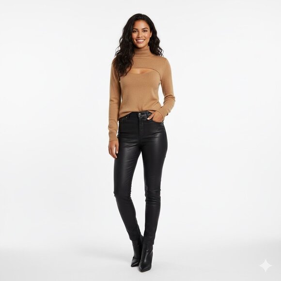 Intermix Cashmere Turtleneck Sweater Tan Camel Petite Cutout at Chest - Picture 10 of 10